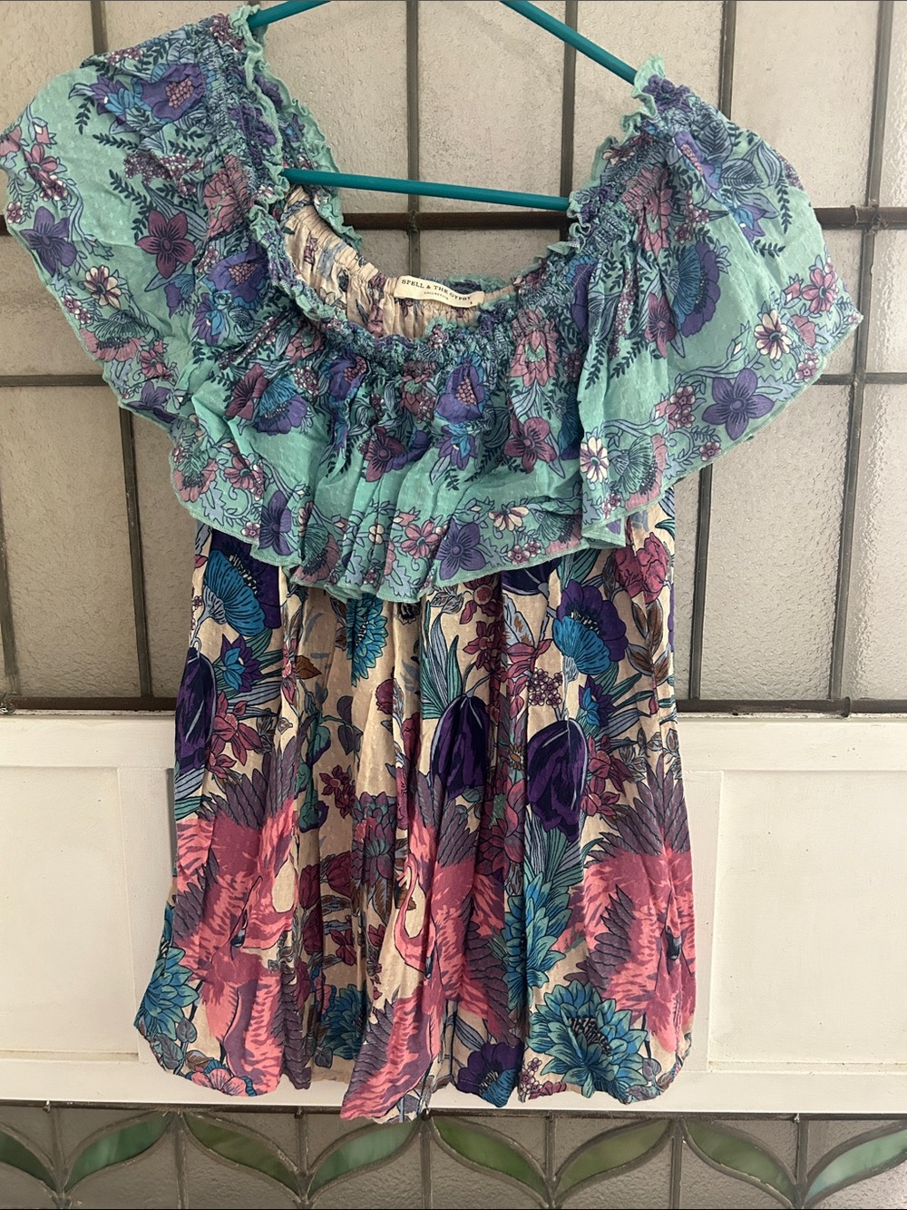Spell Floral Smocked Off-Shoulder Top in Mint, Purple & Pink